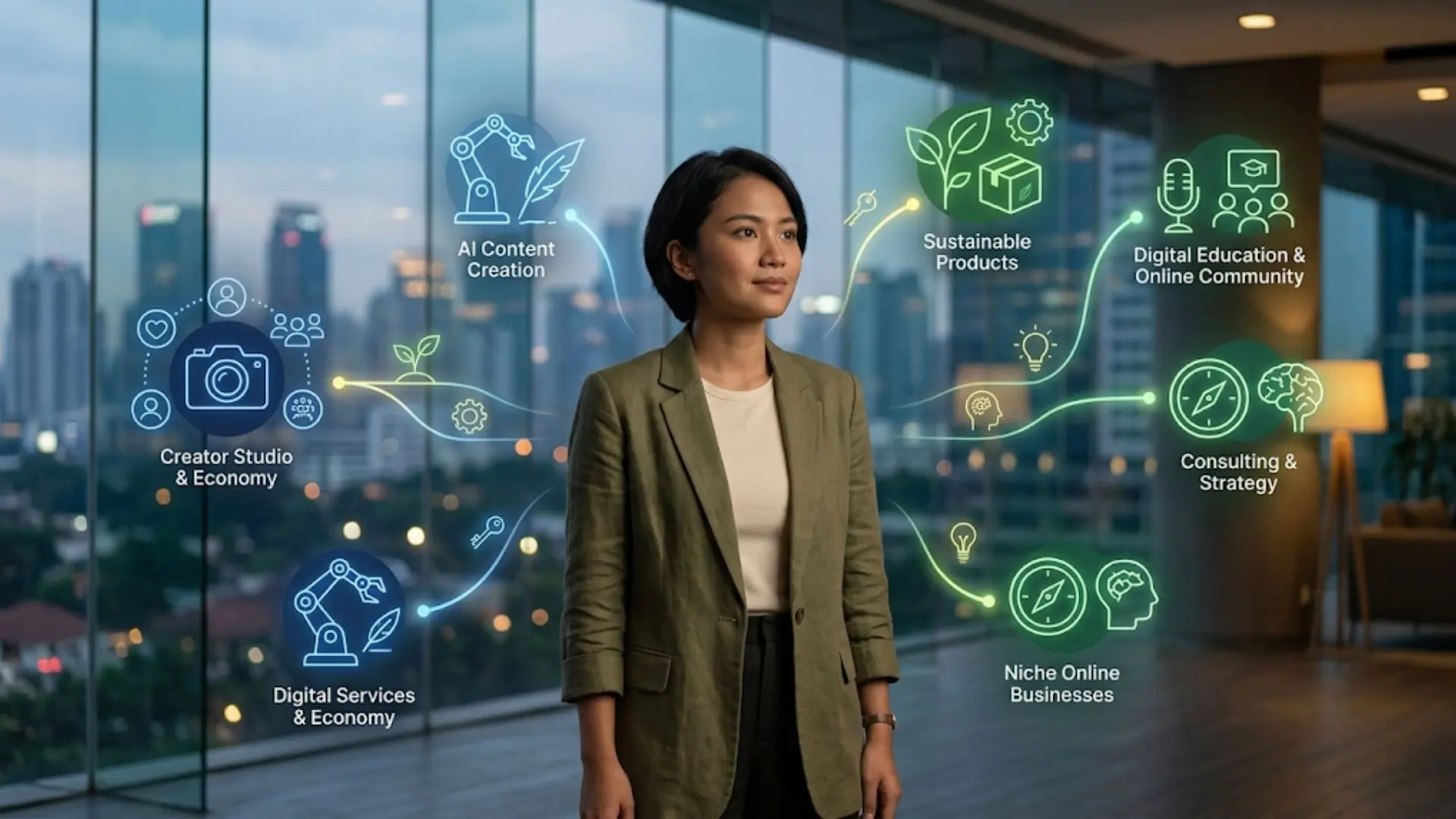 Seorang entrepreneur Asia berdiri di tengah berbagai peluang bisnis digital dan kreatif masa depan seperti AI, creator economy, dan bisnis online, menggambarkan ide bisnis potensial tahun 2026 dengan modal terbatas.