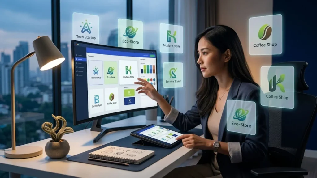 Seorang entrepreneur Asia menggunakan platform AI dan website pembuat logo modern di laptop untuk membuat identitas visual bisnis secara gratis di era digital 2026.