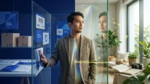 Seorang profesional Asia berdiri di antara simbol branding produk dan identitas manusia yang authentic, menggambarkan bahwa personal branding bukan tentang menjadi produk atau memakai topeng, melainkan memperjelas value dan perspektif diri.