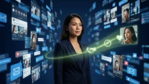 Seorang marketer Asia berdiri di tengah arus konten digital dan media sosial yang ramai, menggambarkan bagaimana content marketing modern membutuhkan clarity dan trust, bukan sekadar posting konten terus-menerus.