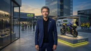 Valentino Rossi berdiri dengan latar motor balap bernomor 46 dan elemen-elemen yang merepresentasikan VR46 sebagai ekosistem bisnis global, menggambarkan transformasi dari pembalap MotoGP menjadi pemilik brand dan berbagai lini usaha.