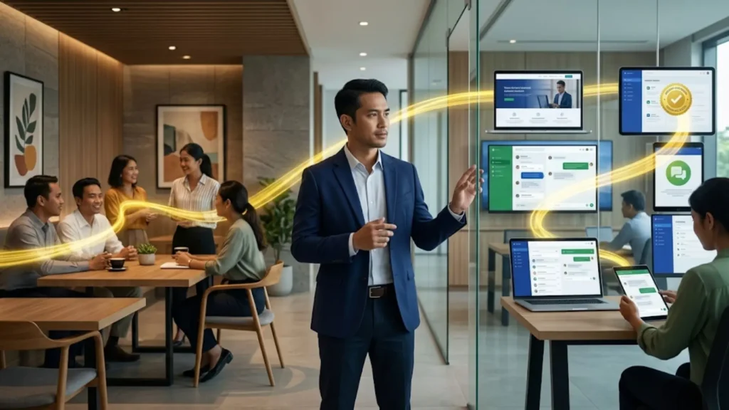 Seorang profesional Asia berada di antara dunia fisik dan ekosistem digital seperti media sosial, website, dan customer journey online, menggambarkan bagaimana digital branding membangun trust dan persepsi melalui touchpoint digital.