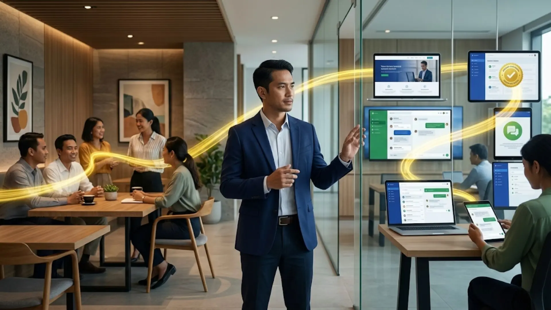 Seorang profesional Asia berada di antara dunia fisik dan ekosistem digital seperti media sosial, website, dan customer journey online, menggambarkan bagaimana digital branding membangun trust dan persepsi melalui touchpoint digital.