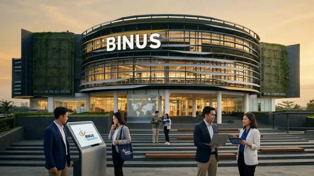 Mahasiswa Indonesia berada di lingkungan modern BINUS University dengan suasana digital dan future-oriented, menggambarkan bagaimana branding kampus membangun persepsi sebagai universitas modern dan relevan dengan dunia industri.