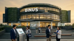 Mahasiswa Indonesia berada di lingkungan modern BINUS University dengan suasana digital dan future-oriented, menggambarkan bagaimana branding kampus membangun persepsi sebagai universitas modern dan relevan dengan dunia industri.