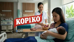 Ilustrasi seorang ibu dan bayi di bangsal bersalin Filipina dengan permen Kopiko sebagai simbol strategi branding yang membangun familiaritas merek sejak dini dan memicu perdebatan etika pemasaran.