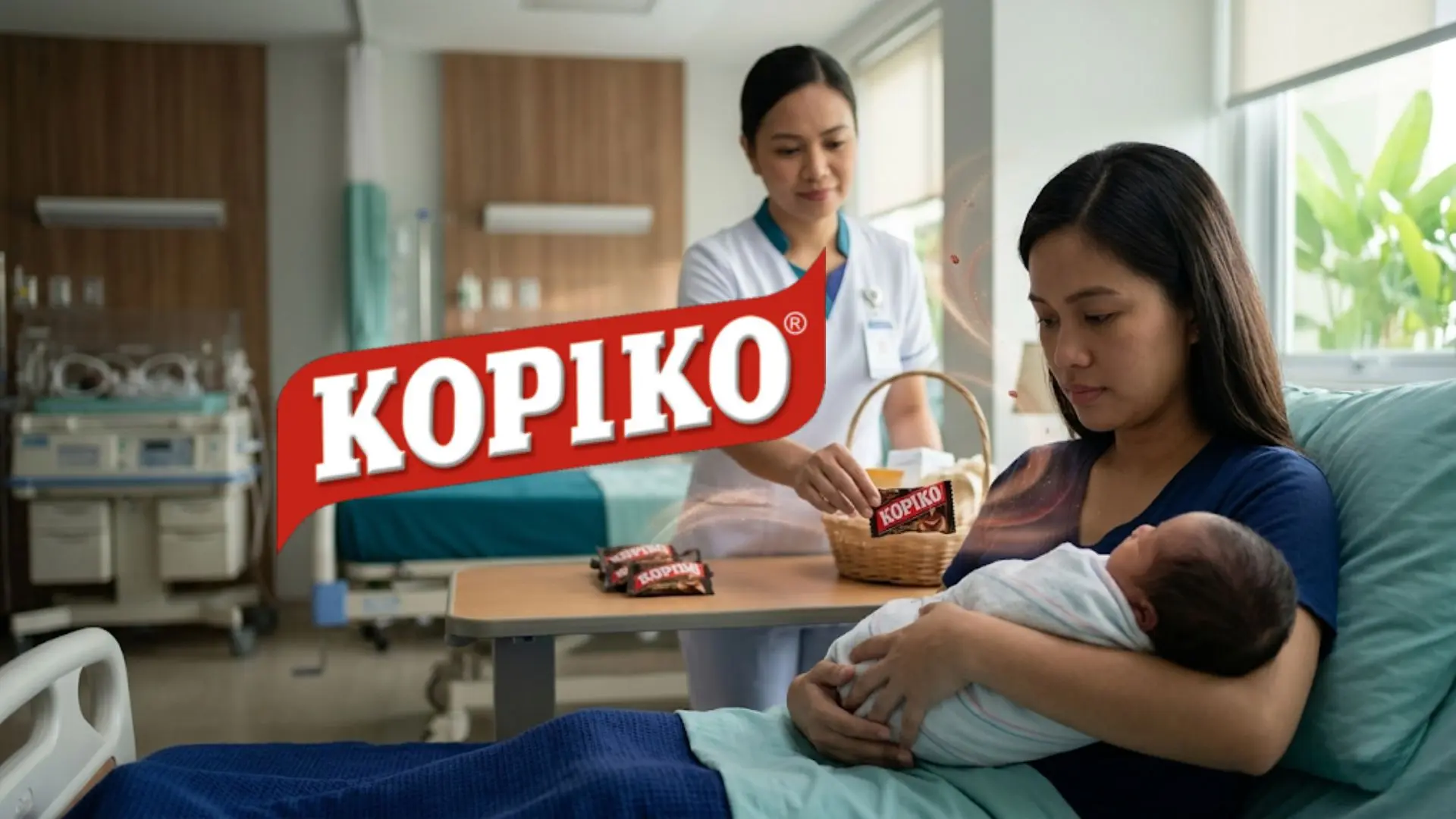 Ilustrasi seorang ibu dan bayi di bangsal bersalin Filipina dengan permen Kopiko sebagai simbol strategi branding yang membangun familiaritas merek sejak dini dan memicu perdebatan etika pemasaran.