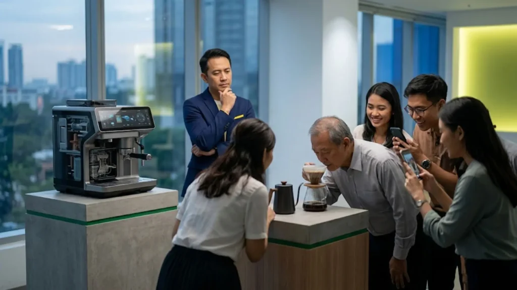 Seorang business owner Asia mengamati dua produk dengan kualitas yang berbeda, sementara mayoritas orang justru memilih produk yang tampak lebih sederhana, menggambarkan bagaimana persepsi sering kali lebih berpengaruh daripada keunggulan produk dalam keputusan pembelian.