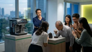 Seorang business owner Asia mengamati dua produk dengan kualitas yang berbeda, sementara mayoritas orang justru memilih produk yang tampak lebih sederhana, menggambarkan bagaimana persepsi sering kali lebih berpengaruh daripada keunggulan produk dalam keputusan pembelian.