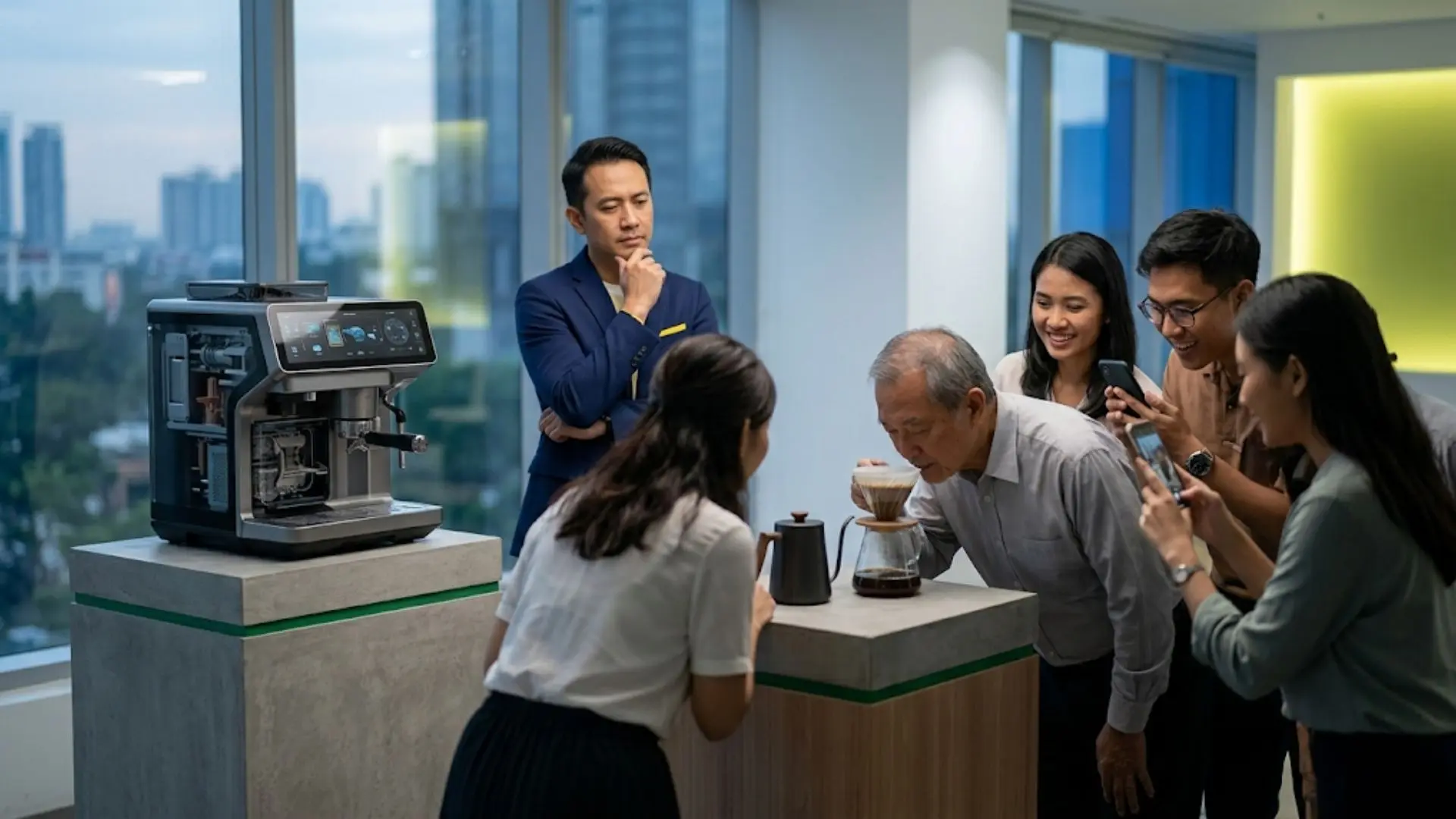 Seorang business owner Asia mengamati dua produk dengan kualitas yang berbeda, sementara mayoritas orang justru memilih produk yang tampak lebih sederhana, menggambarkan bagaimana persepsi sering kali lebih berpengaruh daripada keunggulan produk dalam keputusan pembelian.