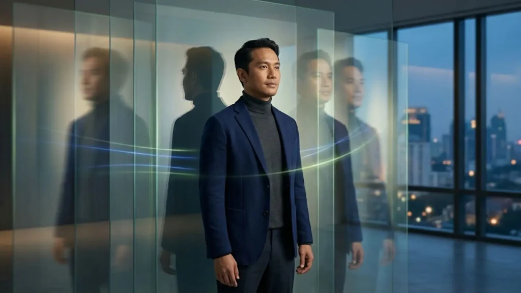Seorang profesional Asia berdiri tenang di tengah visual refleksi identitas dan persepsi modern, menggambarkan bahwa personal branding bukan tentang memakai topeng, tetapi tentang memperjelas value dan identitas diri secara authentic.