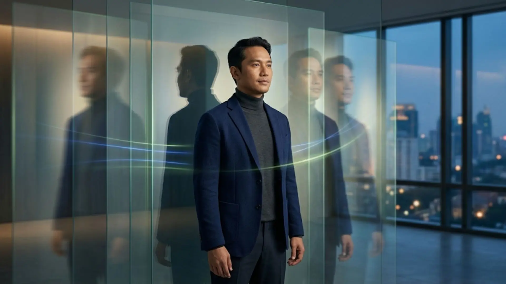 Seorang profesional Asia berdiri tenang di tengah visual refleksi identitas dan persepsi modern, menggambarkan bahwa personal branding bukan tentang memakai topeng, tetapi tentang memperjelas value dan identitas diri secara authentic.