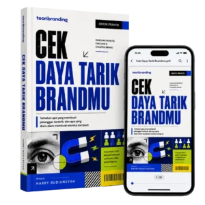 Gambar buku dan smartphone yang menampilkan ebook berjudul Cek Daya Tarik Brandmu