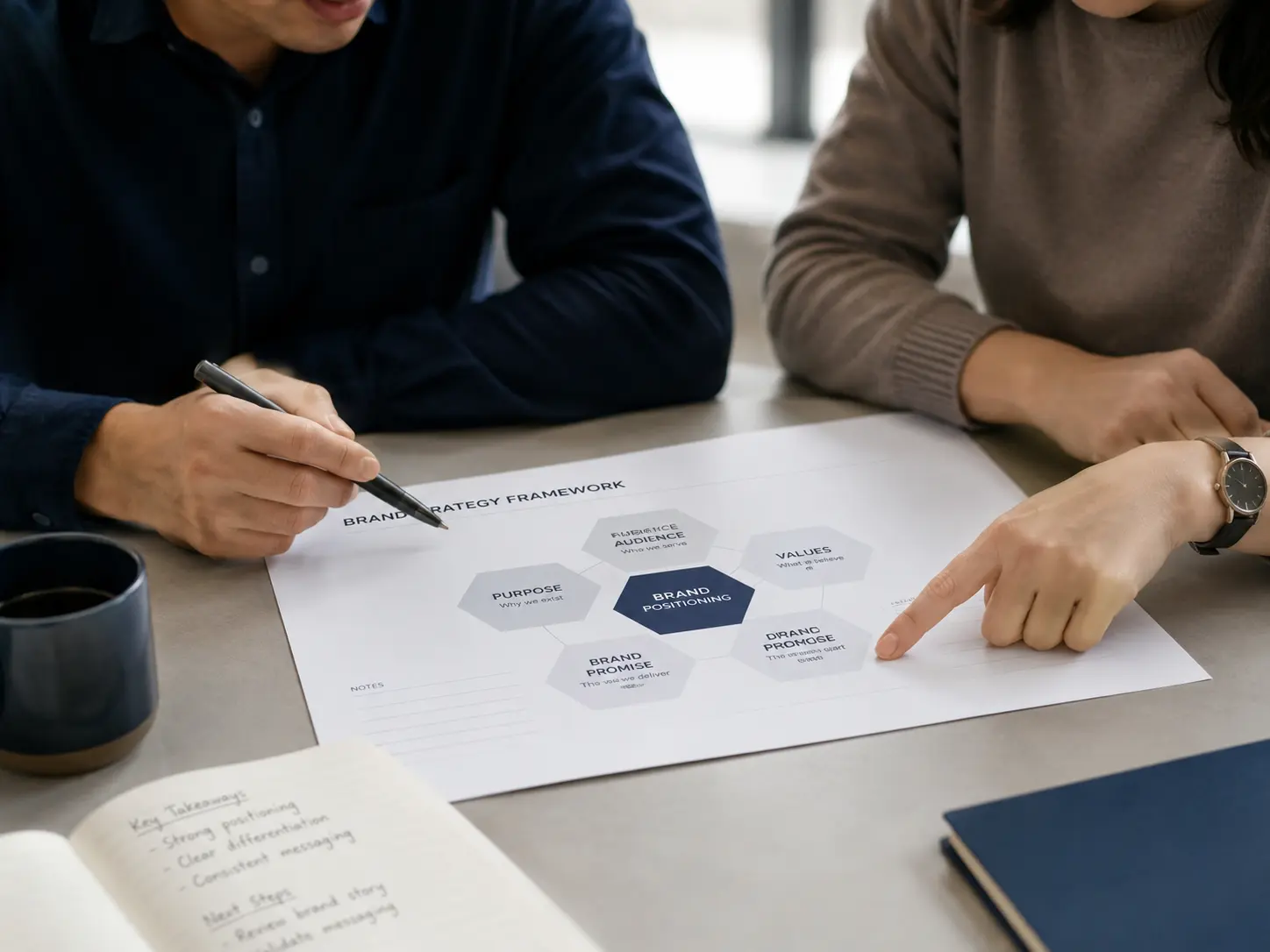 Diskusi strategi brand dengan catatan dan framework