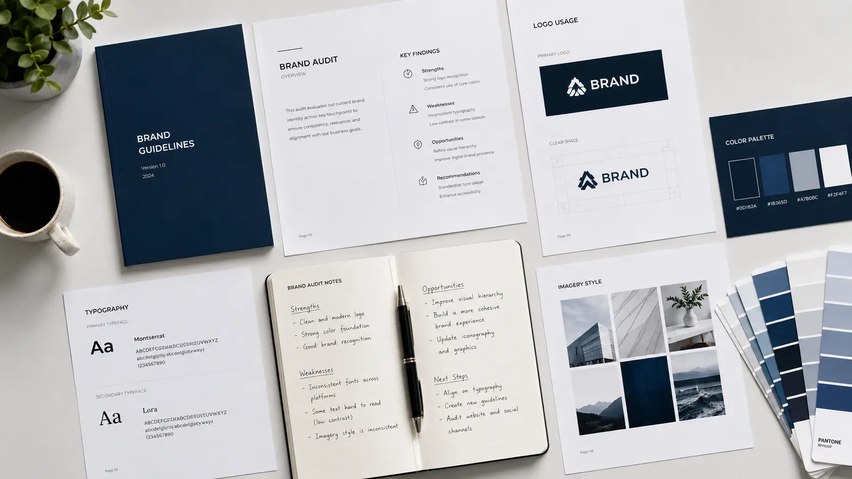 Proses audit brand — meninjau materi visual dan pesan bisnis